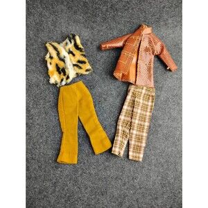 Vintage Barbie Clothes 4 Piece Lot Fall Browns Faux Fur Vest Plaid Pants Etc